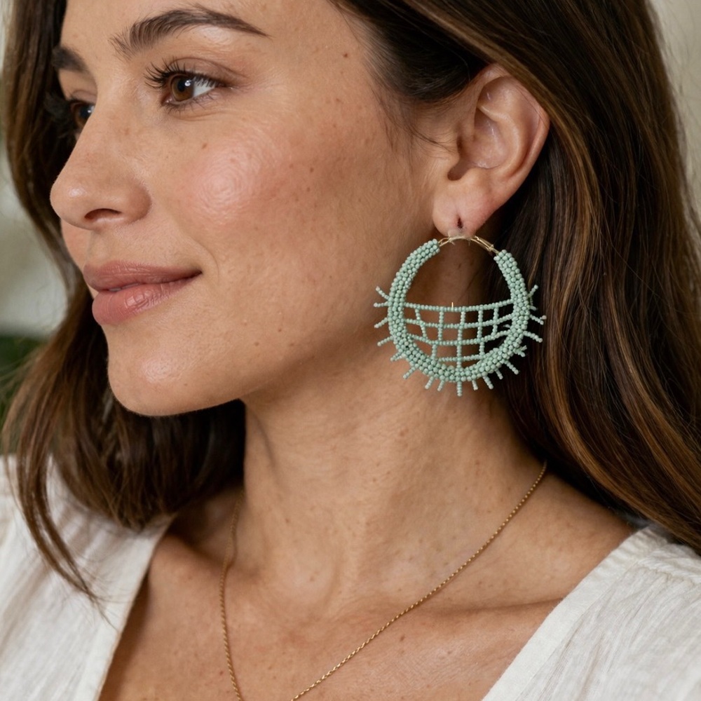 Kay Lee New York | Mint Green Beaded Hoop Earrings Handmade Boho Chic - NWT